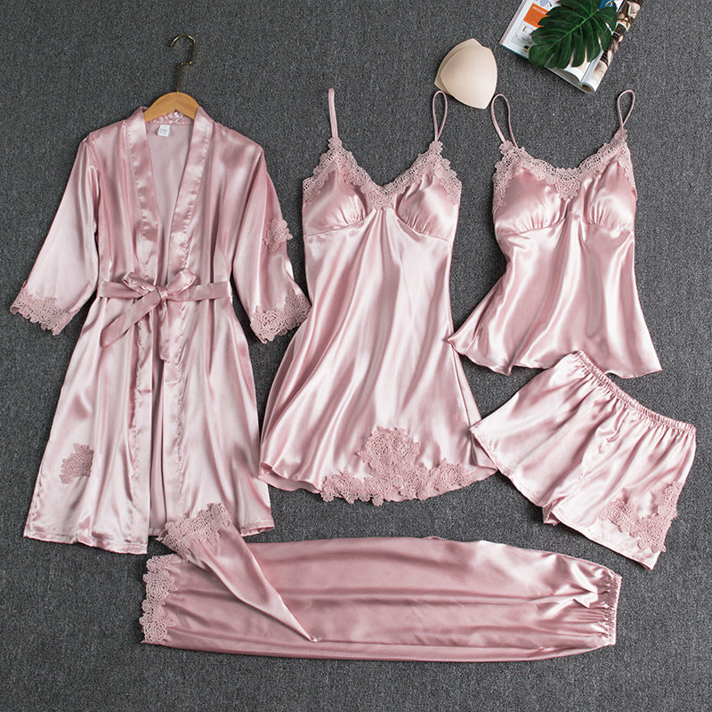 Pajamas women summer ice silk sexy hot home clothes spring and autumn long sleeve thin large size cross-border five-piece suit bathrobe