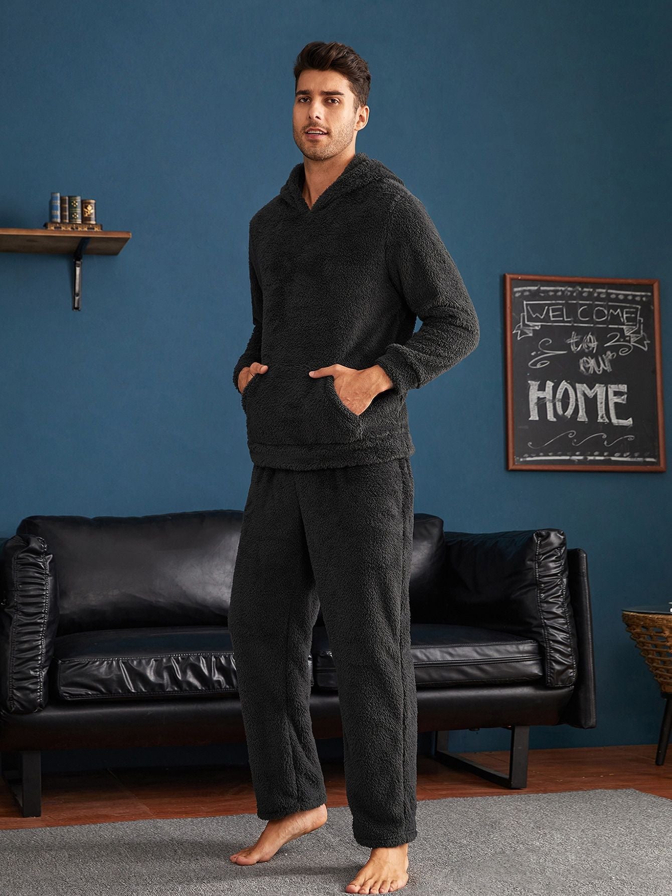 Factory direct sales European and American cross-border men's loose casual coral fleece home clothes hooded pajamas set 24 autumn and winter