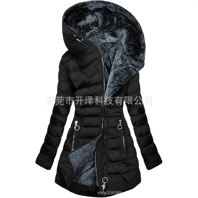 Spot 2024 new women's cotton clothes Amazon hot-selling mid-length slim cotton coat plus velvet thick hooded jacket