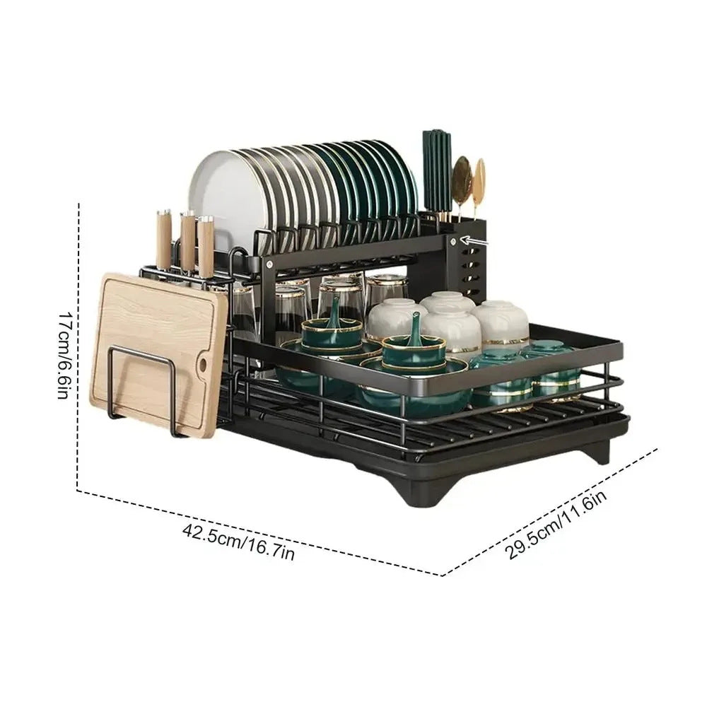Dish Drying Rack Adjustable Kitchen Plate Storage Rack with Drain Board Sink Countertop Cutlery Storage Rack
