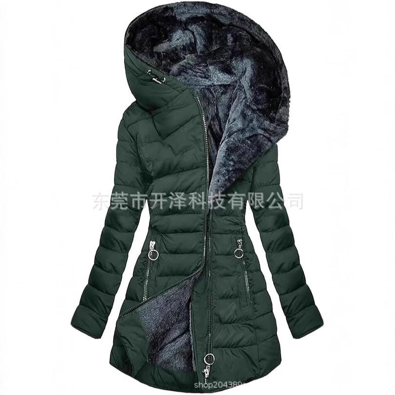 Spot 2024 new women's cotton clothes Amazon hot-selling mid-length slim cotton coat plus velvet thick hooded jacket