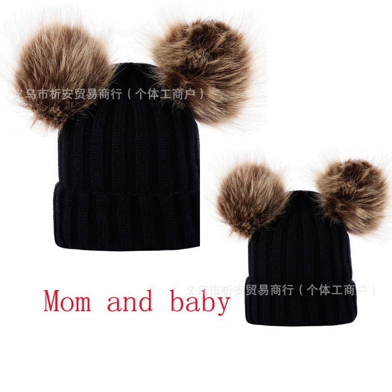 AliExpress personalized embroidery parent-child hat European and American autumn and winter threaded baby pullover hat double wool ball hat knitted