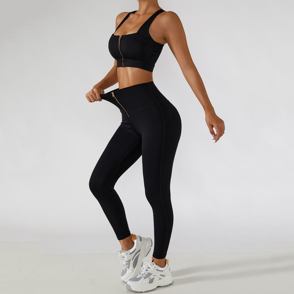 High-strength nude sports bra pants set zipper hip push-up fitness clothes summer Gym clothes