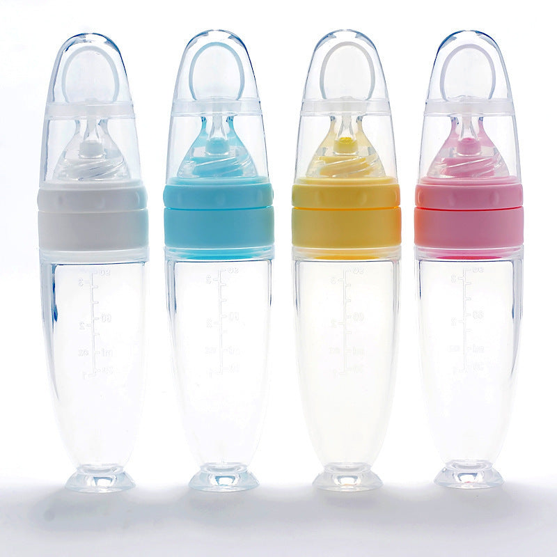 Factory direct sales suction cup rice cereal bottle baby food spoon children's milk bottle nano silver soft spoon head rice cereal bottle