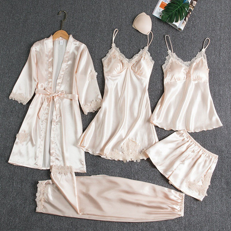 Pajamas women summer ice silk sexy hot home clothes spring and autumn long sleeve thin large size cross-border five-piece suit bathrobe