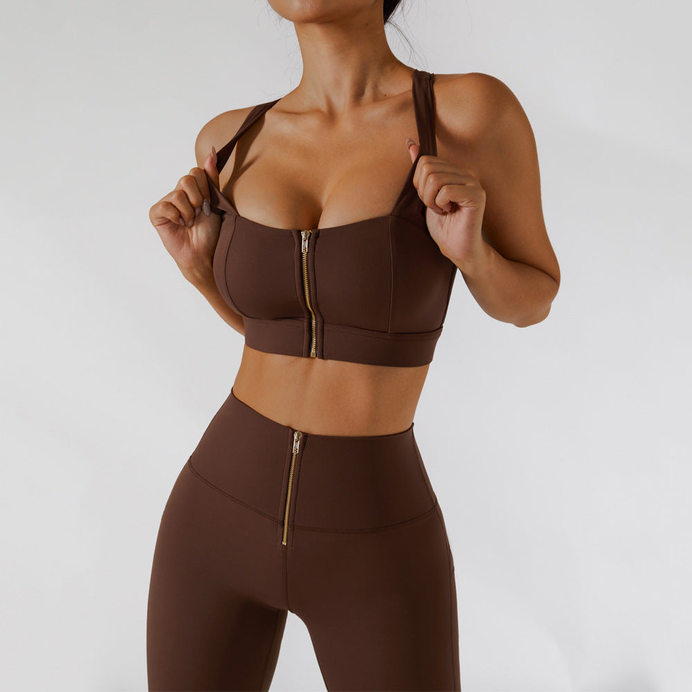 High-strength nude sports bra pants set zipper hip push-up fitness clothes summer Gym clothes