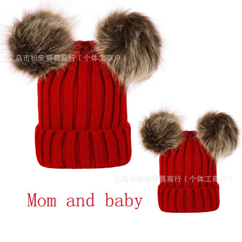 AliExpress personalized embroidery parent-child hat European and American autumn and winter threaded baby pullover hat double wool ball hat knitted