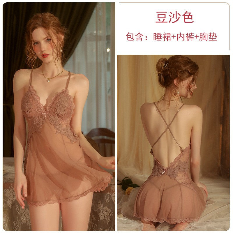 Guiruo brand pure color sexy perspective temptation backless sling nightdress embroidered pajamas female home clothes suit 1899
