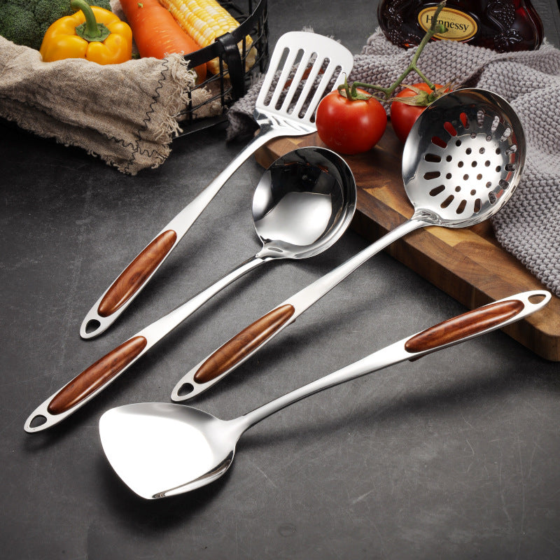 Stainless steel golden peach wood soup spoon household porridge spoon colander frying shovel rice spoon meat fork tongue spoon kitchen 7-piece set