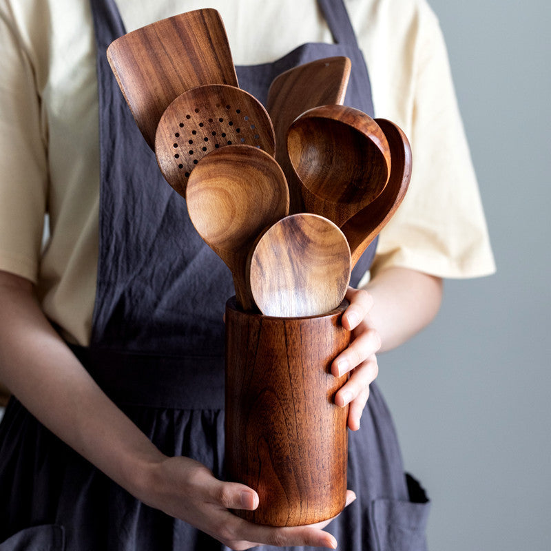 Teak cooking set Acacia wood kitchenware long handle spatula vegetable spatula solid wood spatula spoon fork non-stick pan kitchen 10 piece set