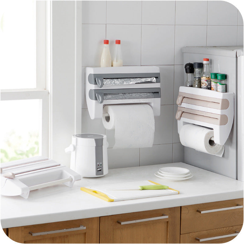 Multifunctional plastic wrap cutter wall-mounted kitchen paper towel rack sliding knife type tin foil dividing box storage rack