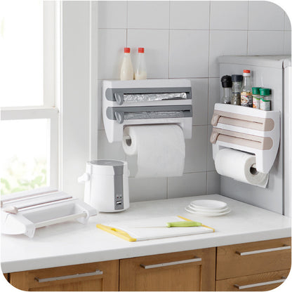 Multifunctional plastic wrap cutter wall-mounted kitchen paper towel rack sliding knife type tin foil dividing box storage rack