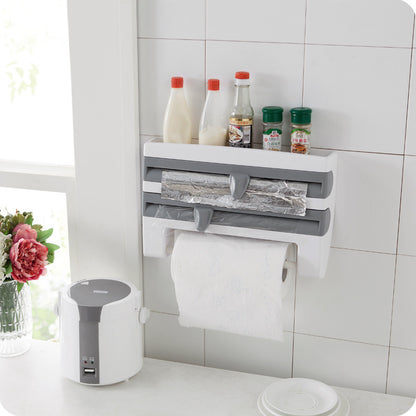 Multifunctional plastic wrap cutter wall-mounted kitchen paper towel rack sliding knife type tin foil dividing box storage rack