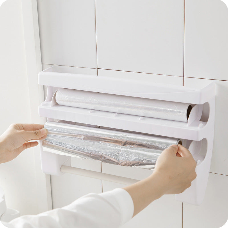Multifunctional plastic wrap cutter wall-mounted kitchen paper towel rack sliding knife type tin foil dividing box storage rack
