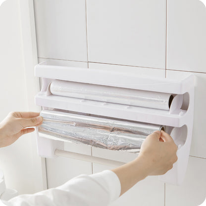 Multifunctional plastic wrap cutter wall-mounted kitchen paper towel rack sliding knife type tin foil dividing box storage rack