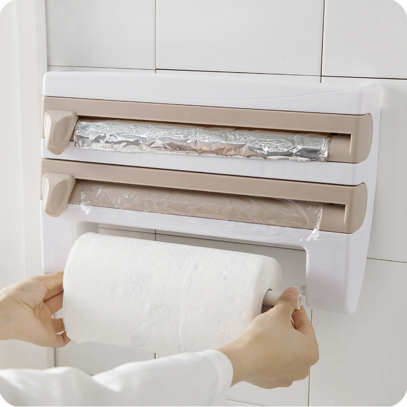 Multifunctional plastic wrap cutter wall-mounted kitchen paper towel rack sliding knife type tin foil dividing box storage rack