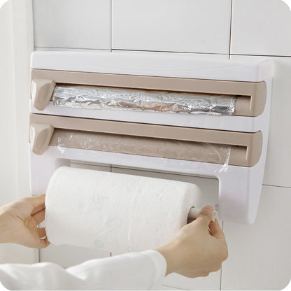 Multifunctional plastic wrap cutter wall-mounted kitchen paper towel rack sliding knife type tin foil dividing box storage rack