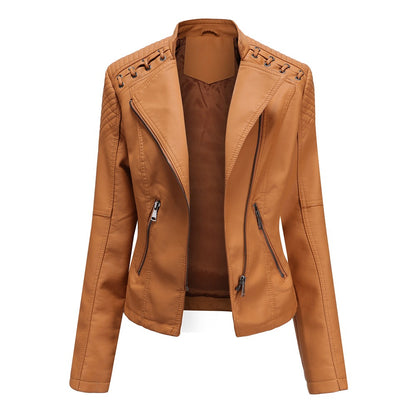 2023 cross-border European code new spring and autumn women's leather jackets women's short jackets slim thin leather jackets women's motorcycle clothes