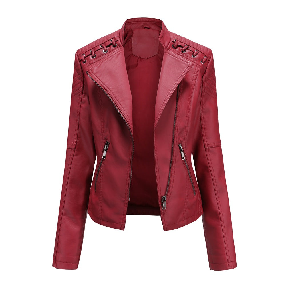 2023 cross-border European code new spring and autumn women's leather jackets women's short jackets slim thin leather jackets women's motorcycle clothes