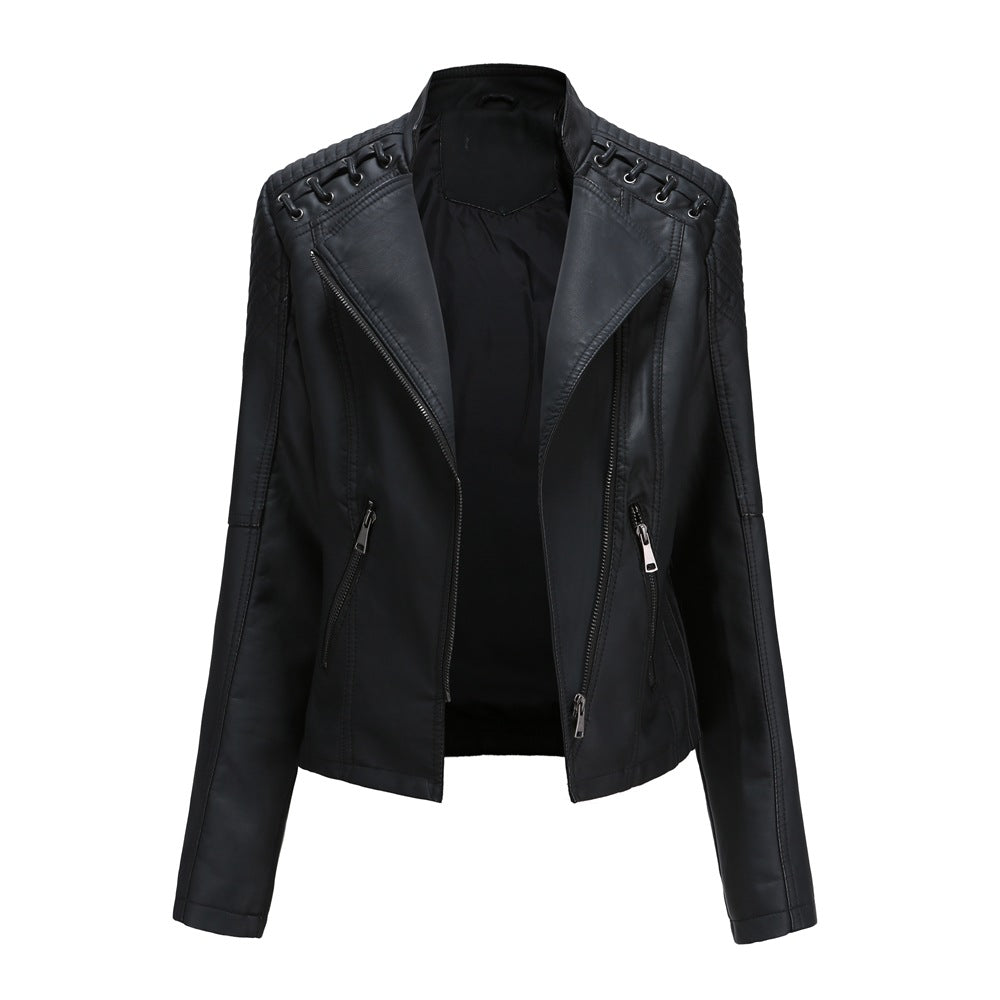 2023 cross-border European code new spring and autumn women's leather jackets women's short jackets slim thin leather jackets women's motorcycle clothes