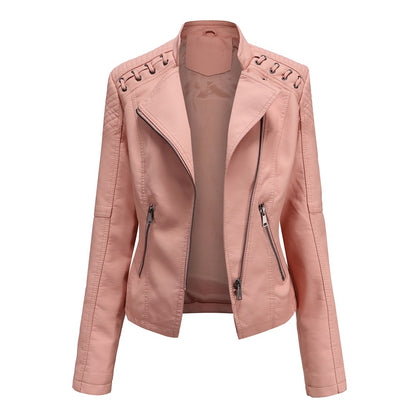 2023 cross-border European code new spring and autumn women's leather jackets women's short jackets slim thin leather jackets women's motorcycle clothes