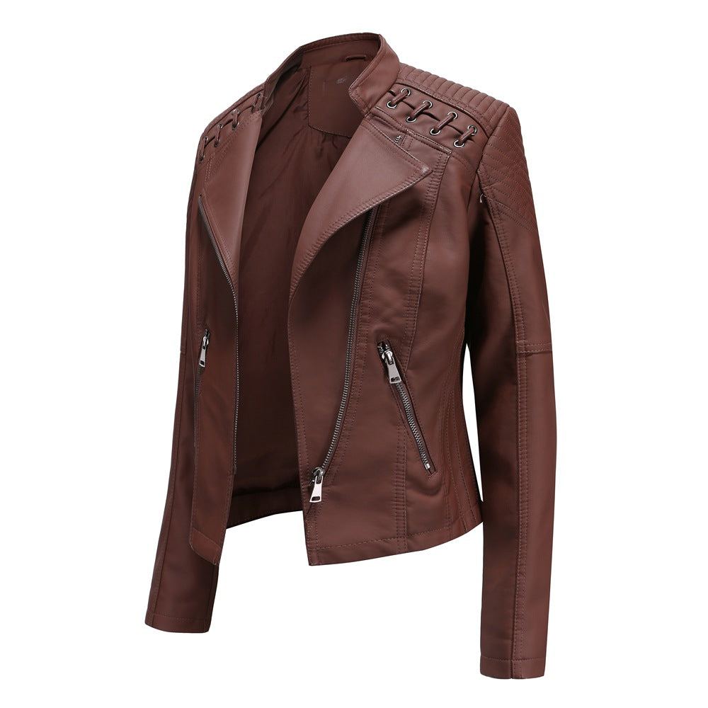 2023 cross-border European code new spring and autumn women's leather jackets women's short jackets slim thin leather jackets women's motorcycle clothes