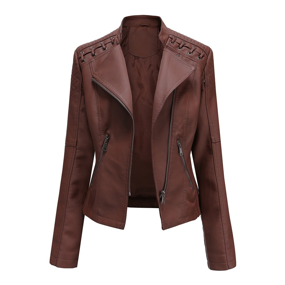 2023 cross-border European code new spring and autumn women's leather jackets women's short jackets slim thin leather jackets women's motorcycle clothes