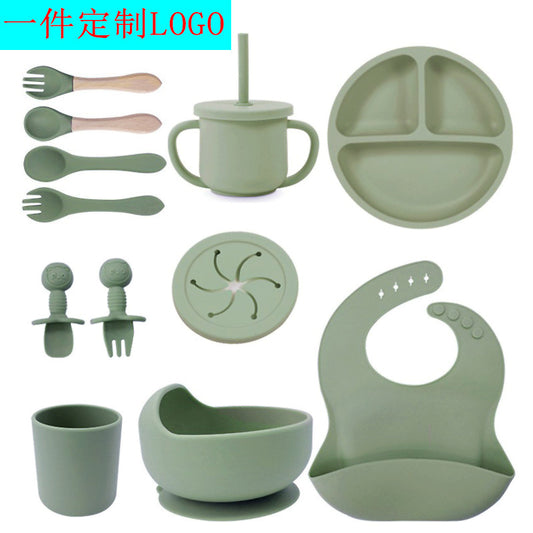 Baby silicone tableware set infant food bowl spoon saliva pocket children's 3-grid silicone dinner plate straw cup