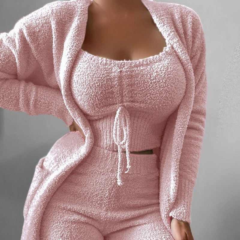 2024 new cross-border women's plush three-piece lace-up pajamas set leisure suit home clothes one piece drop shipping