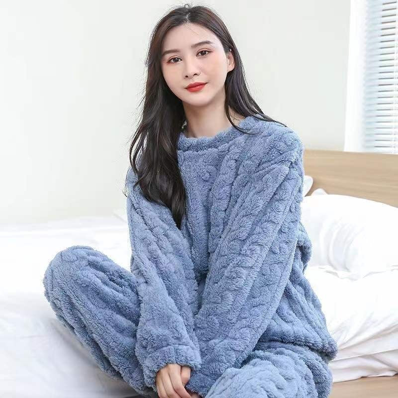 Coral Fleece Pajamas Women Winter Plus Velvet Thickened Jacquard Long Sleeve Home Clothes Two-piece Set Autumn and Winter Loose Warm Set