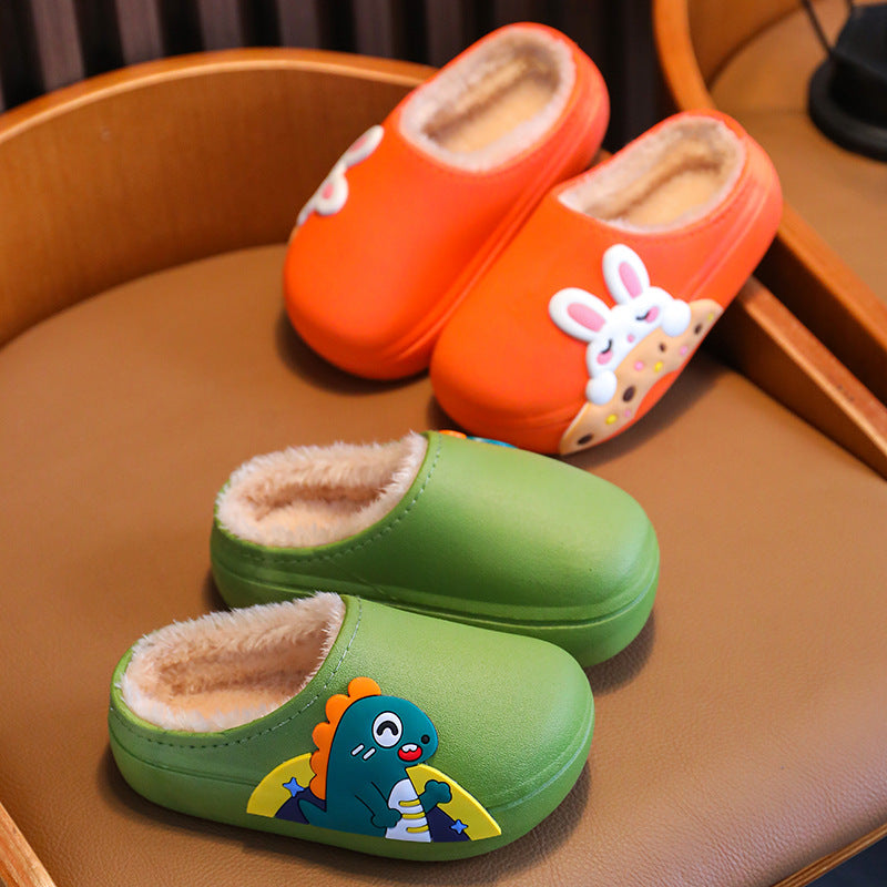 Children's cotton slippers fur shoes plus velvet warm boys and girls baby waterproof non-slip home indoor slippers