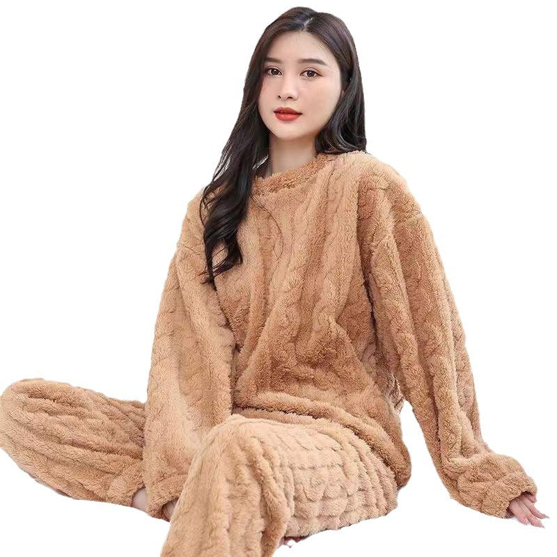 Coral Fleece Pajamas Women Winter Plus Velvet Thickened Jacquard Long Sleeve Home Clothes Two-piece Set Autumn and Winter Loose Warm Set