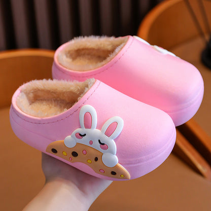 Children's cotton slippers fur shoes plus velvet warm boys and girls baby waterproof non-slip home indoor slippers