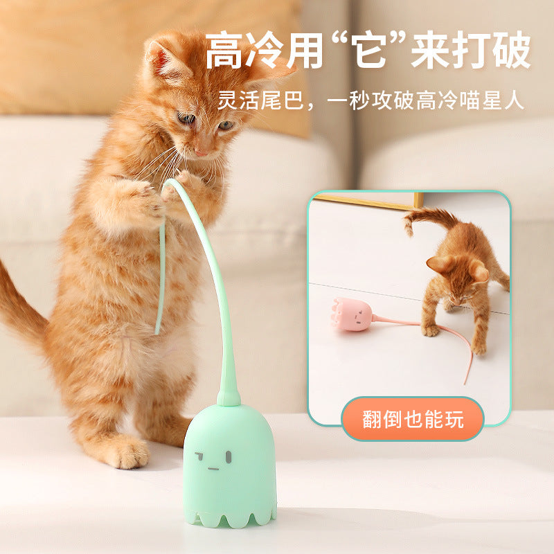 Pet electric cat teaser stick smart magic tail toy cat self-entertainment silicone tail bite-resistant automatic rotating rolling ball