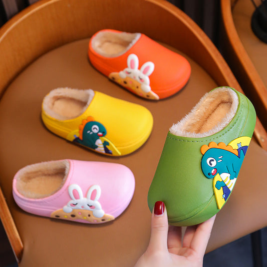 Children's cotton slippers fur shoes plus velvet warm boys and girls baby waterproof non-slip home indoor slippers