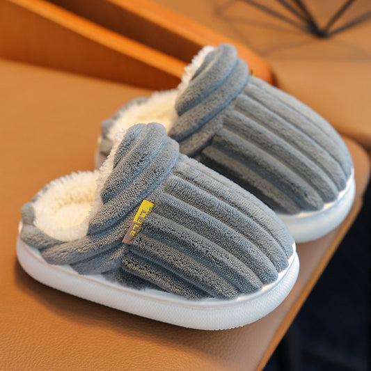 Winter children's cotton slippers for boys and girls, non-slip warm heels, parent-child furry plush home baby cotton slippers