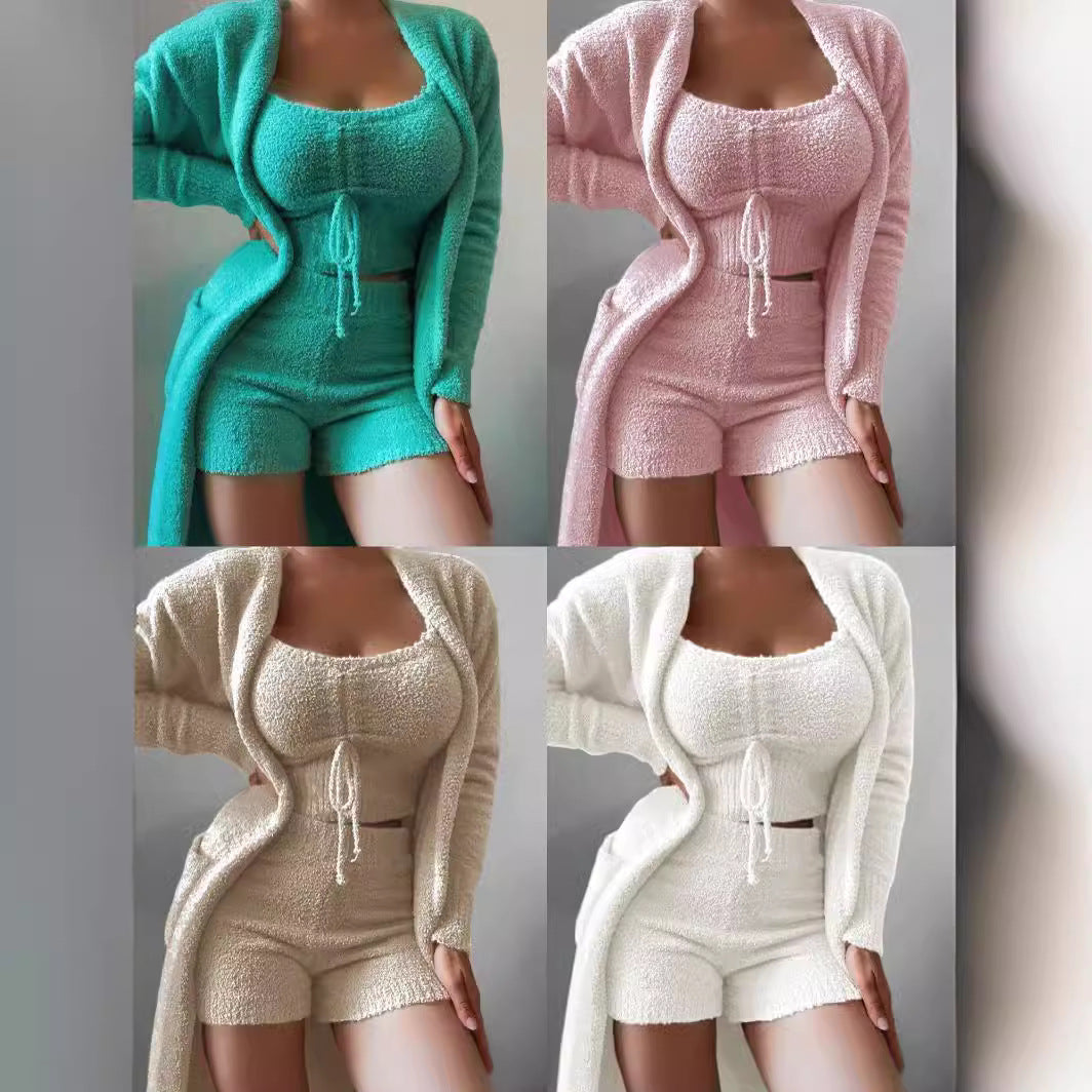 2024 new cross-border women's plush three-piece lace-up pajamas set leisure suit home clothes one piece drop shipping