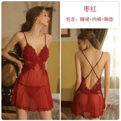 Guiruo brand pure color sexy perspective temptation backless sling nightdress embroidered pajamas female home clothes suit 1899