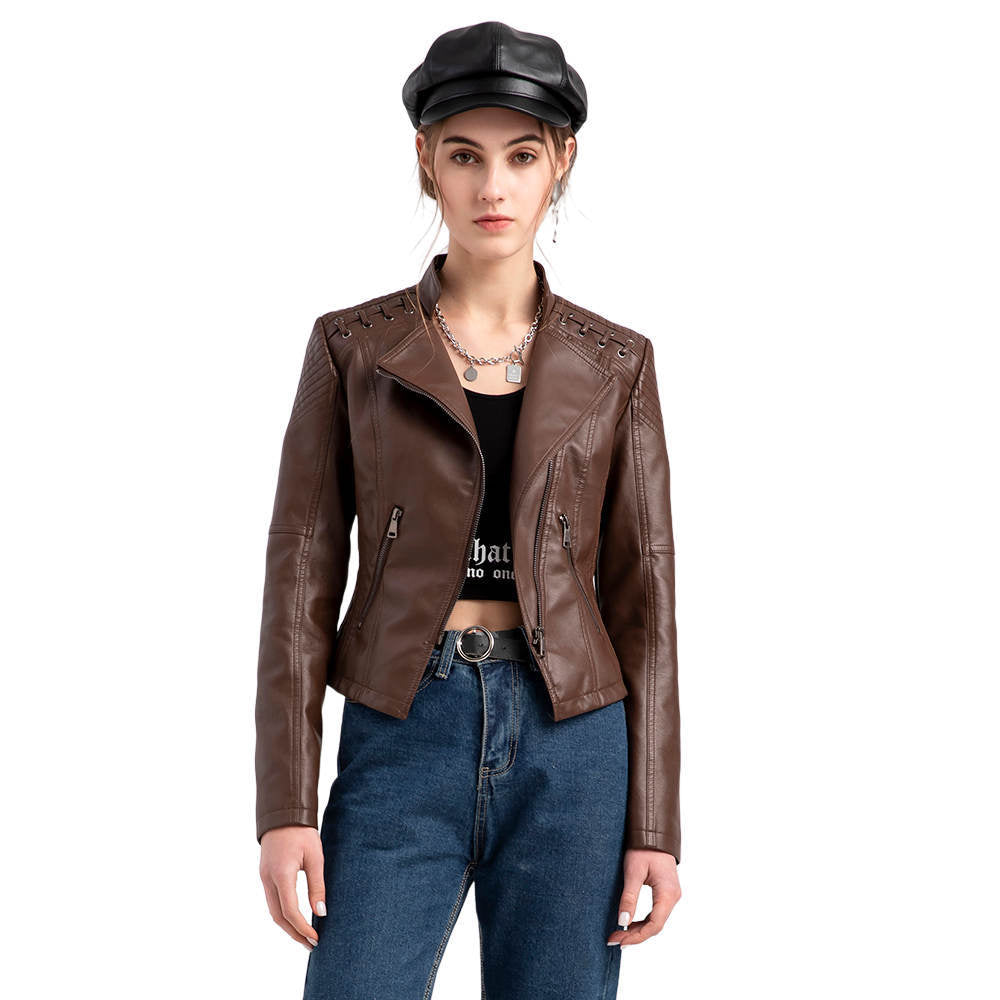 2023 cross-border European code new spring and autumn women's leather jackets women's short jackets slim thin leather jackets women's motorcycle clothes