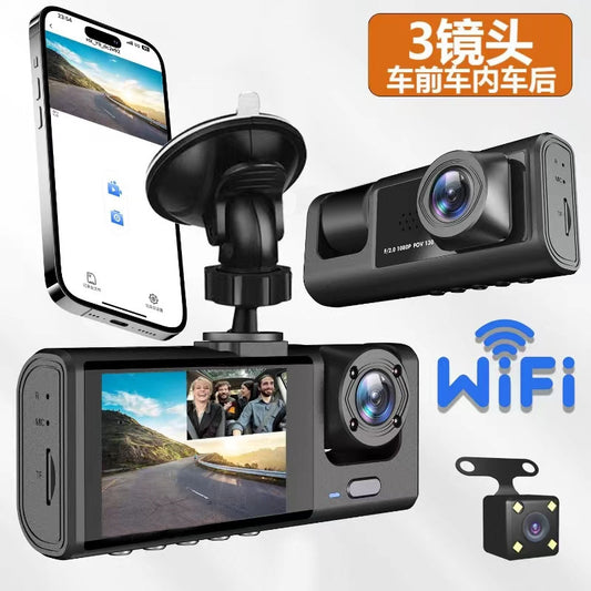 New cross-border three-lens driving recorder wireless three-recording night vision car monitoring video with wifi connected to mobile phone