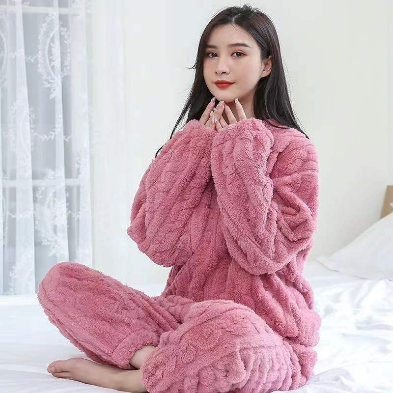 Coral Fleece Pajamas Women Winter Plus Velvet Thickened Jacquard Long Sleeve Home Clothes Two-piece Set Autumn and Winter Loose Warm Set