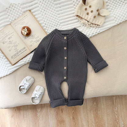 Korean version of baby jumpsuit autumn and winter clothes for boys and girls baby solid color knitted crawling clothes newborn autumn sweater romper