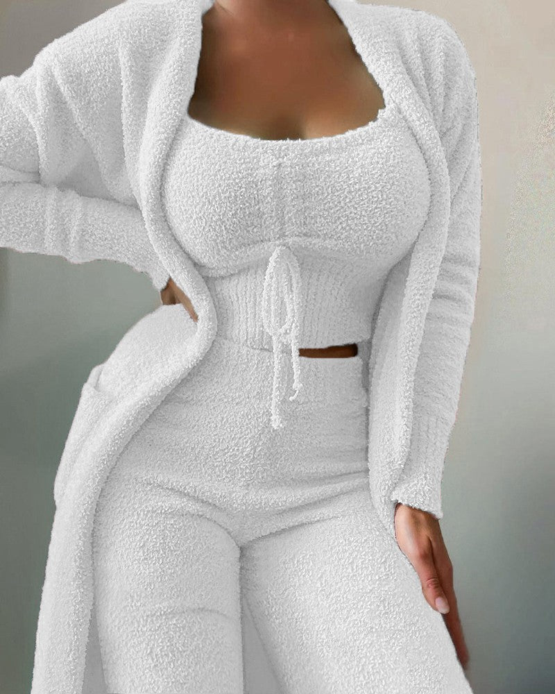 2024 new cross-border women's plush three-piece lace-up pajamas set leisure suit home clothes one piece drop shipping