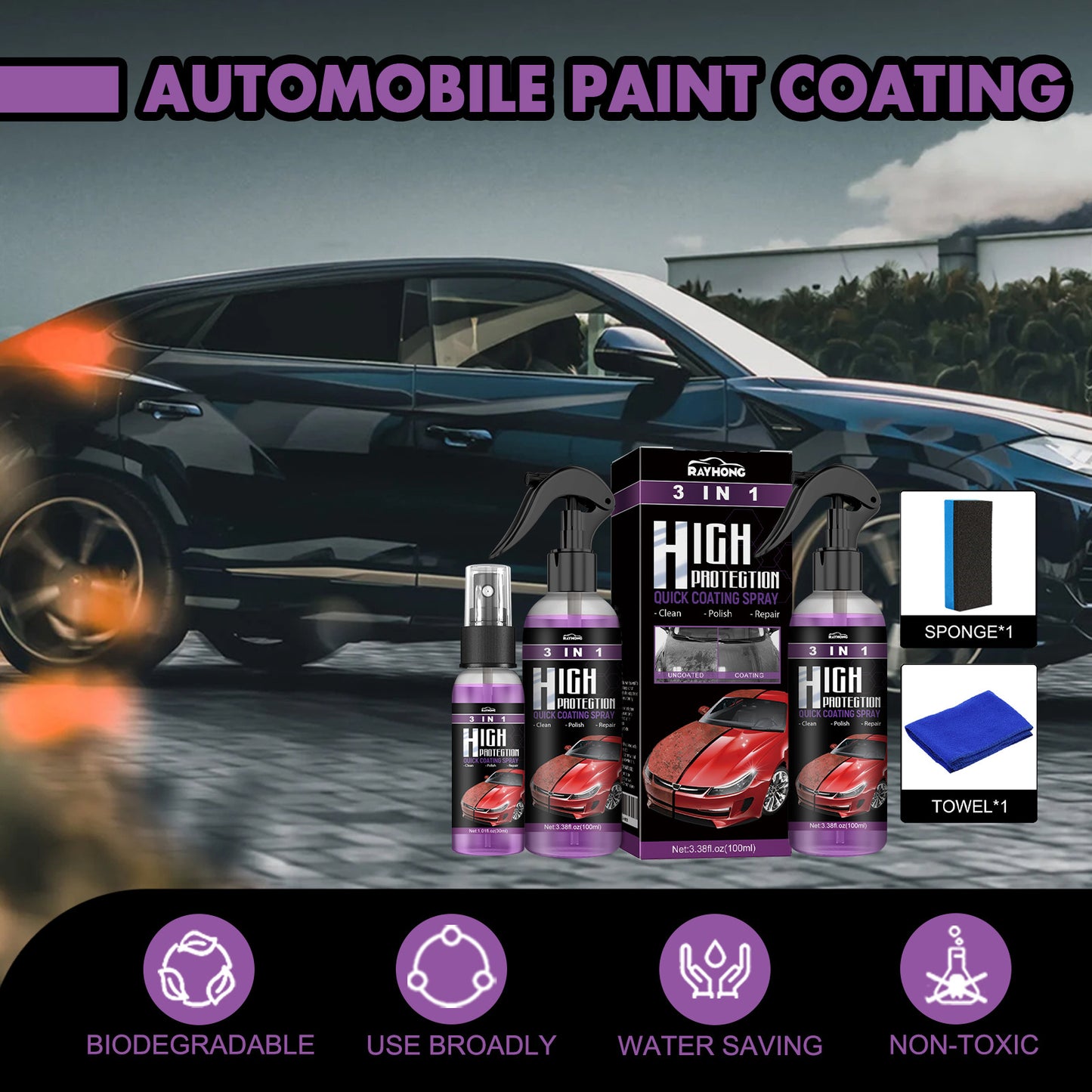 Rayhong 3 in 1 high protection fast car paint spray automatic manual paint color changing cleaning coating spray