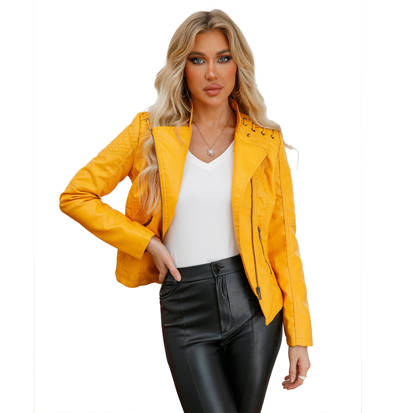 2023 cross-border European code new spring and autumn women's leather jackets women's short jackets slim thin leather jackets women's motorcycle clothes