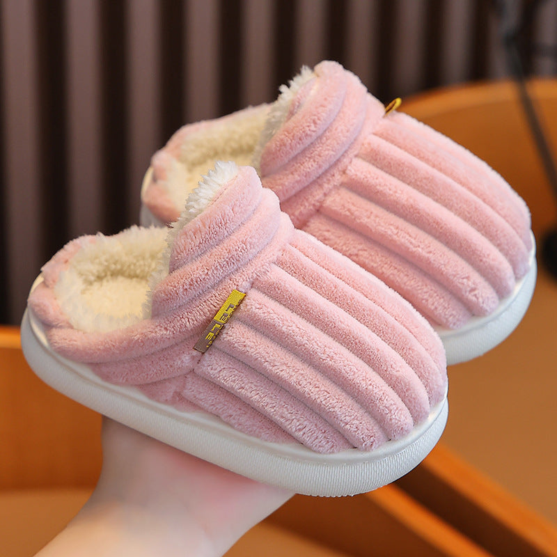 Winter children's cotton slippers for boys and girls, non-slip warm heels, parent-child furry plush home baby cotton slippers