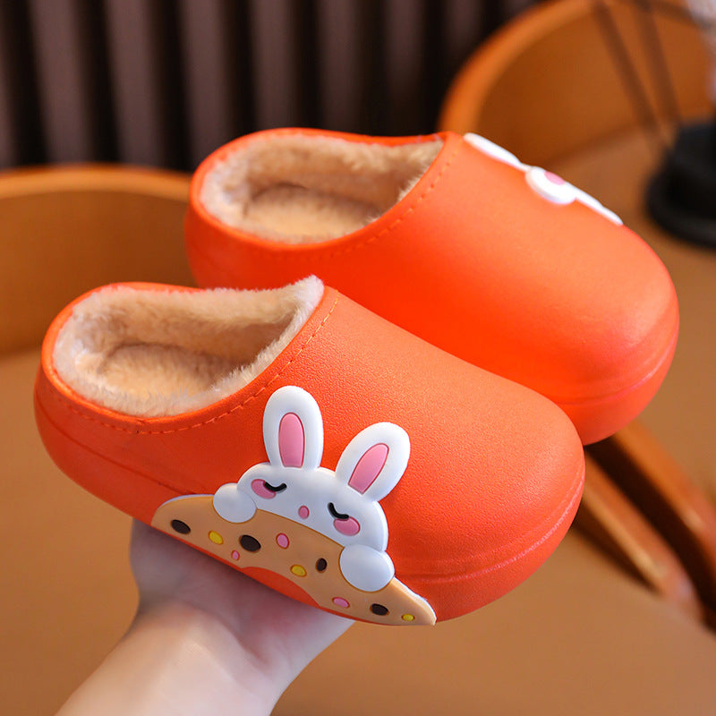 Children's cotton slippers fur shoes plus velvet warm boys and girls baby waterproof non-slip home indoor slippers