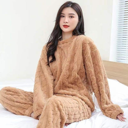 Coral Fleece Pajamas Women Winter Plus Velvet Thickened Jacquard Long Sleeve Home Clothes Two-piece Set Autumn and Winter Loose Warm Set