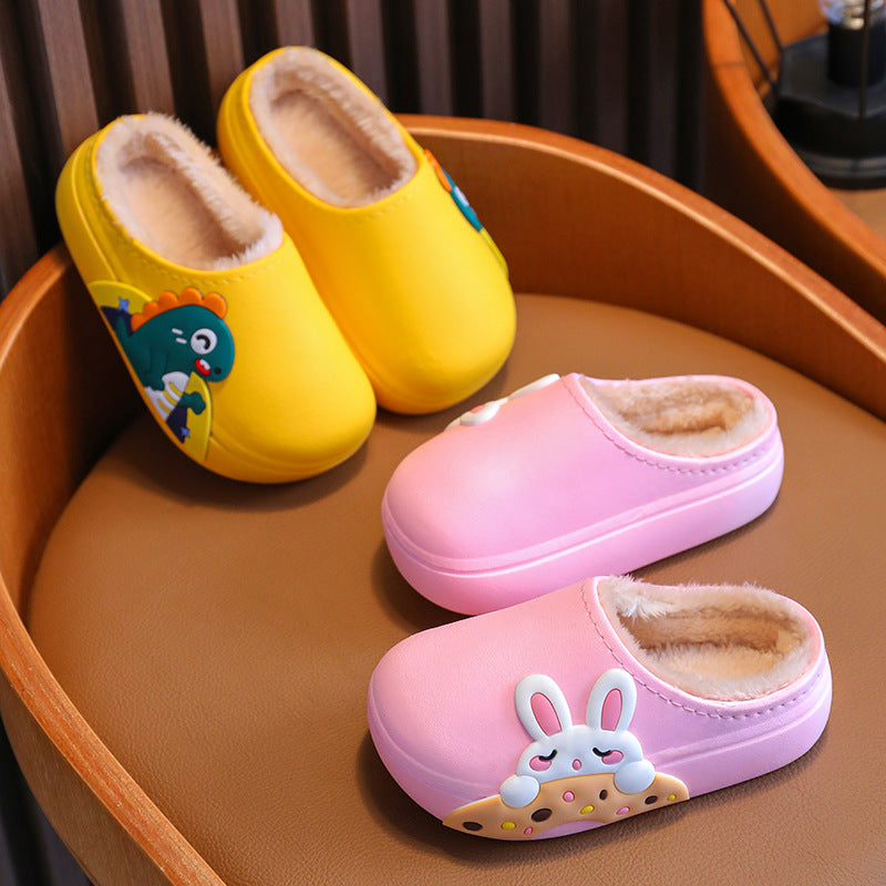 Children's cotton slippers fur shoes plus velvet warm boys and girls baby waterproof non-slip home indoor slippers