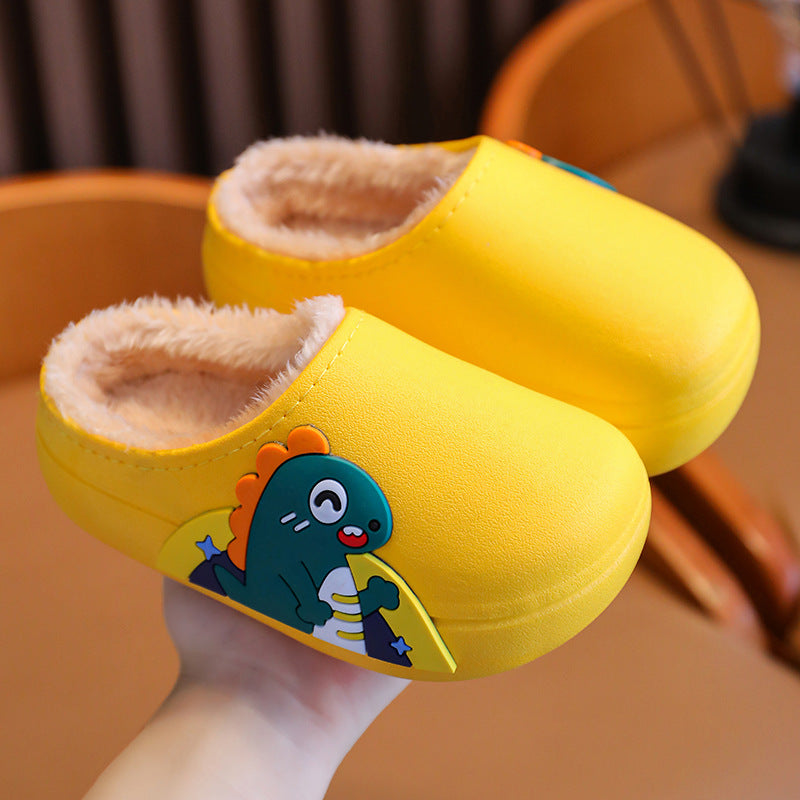 Children's cotton slippers fur shoes plus velvet warm boys and girls baby waterproof non-slip home indoor slippers